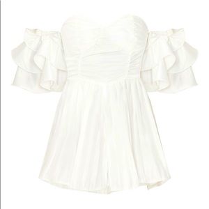 White Pleated Satin Bardot Frill Sleeve Playsuit